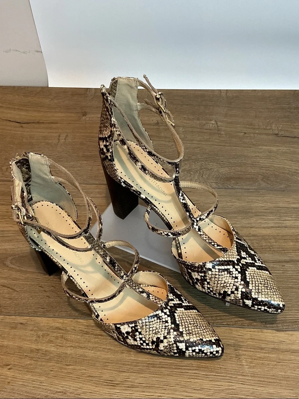 Adrienne Vittadini Snake-Print Strappy Pointed-Toe Heels, size 10M